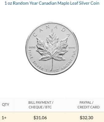 The price of a silver maple leaf from silvergoldbull.ca