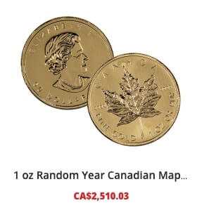 The current price of a 1 oz. gold maple leaf from canadianbullion.ca