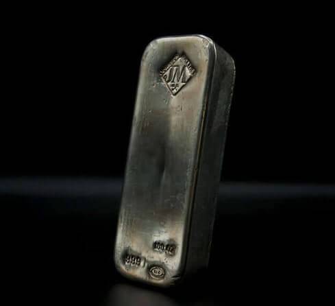An image of a 100 oz. Johnson Matthey silver bar.