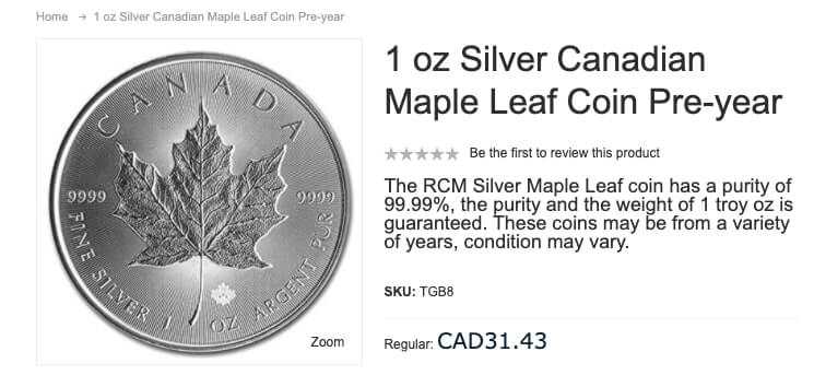 The price of a random year silver maple leaf from torontogoldbullion.ca