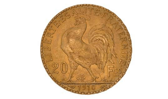 A French 20 Franc rooster gold coin.