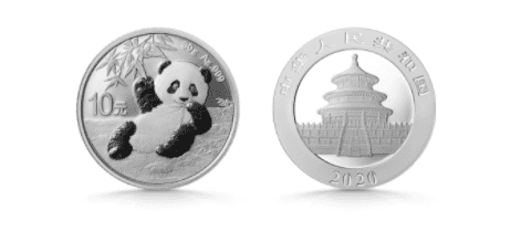 An image of a 2020 Chinese Panda silver coin.