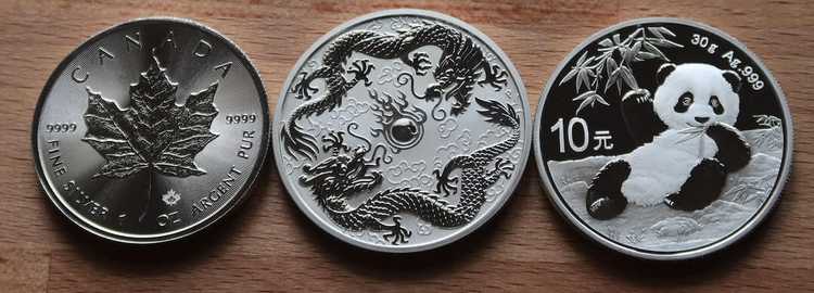 The 2019 double dragon Perth Mint coin next to the silver maple leaf ans Chinese panda coin