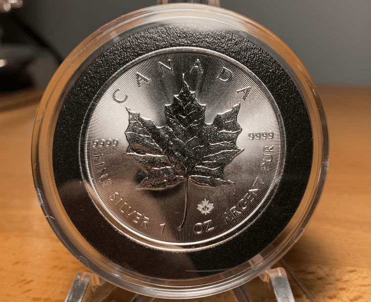 The reverse of a 2019 encapsulated silver maple leaf coin.