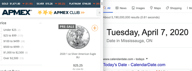 Current price of an American Gold Eagle on Apmex.com