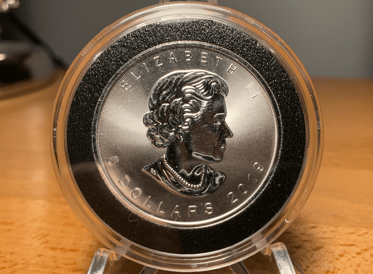 The obverse of a 2019 encapsulated silver maple leaf coin.