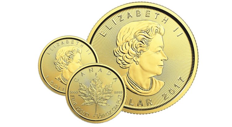 An image of gold coins from the Royal Canadian Mint in various sizes.