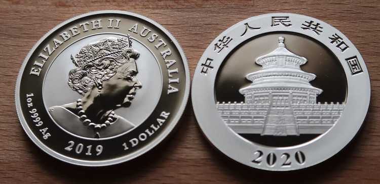 A comparison between the obverse of a 2019 Pert Mint Double Dragon coin and 2020 Chinese Silver Panda coin