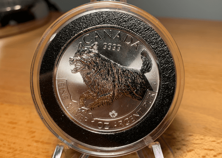The reverse of a 2016 encapsulated silver maple leaf coin covered in milk spots.