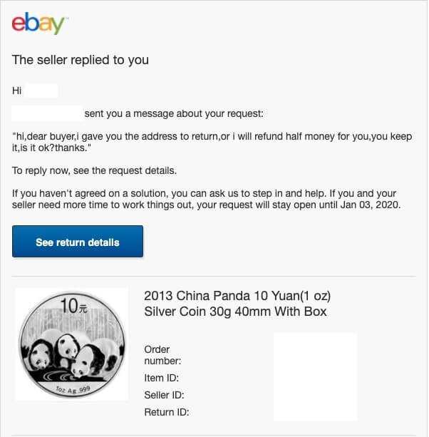 A message exchange between a counterfeit Chinese Panda seller and buyer through eBay.