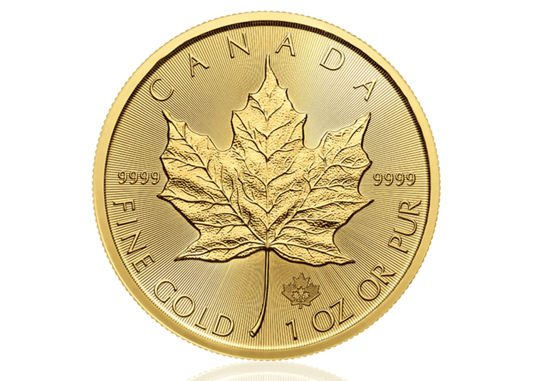 A one ounce Gold Maple Leaf Coin from the Royal Canadian Mint.